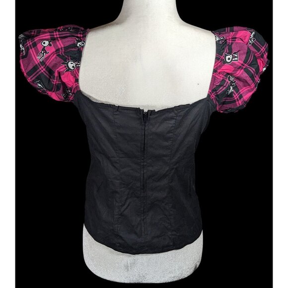 Skelanimals Gothic Laced Front Puff Sleeve Black And Magenta Top - Picture 2 of 7